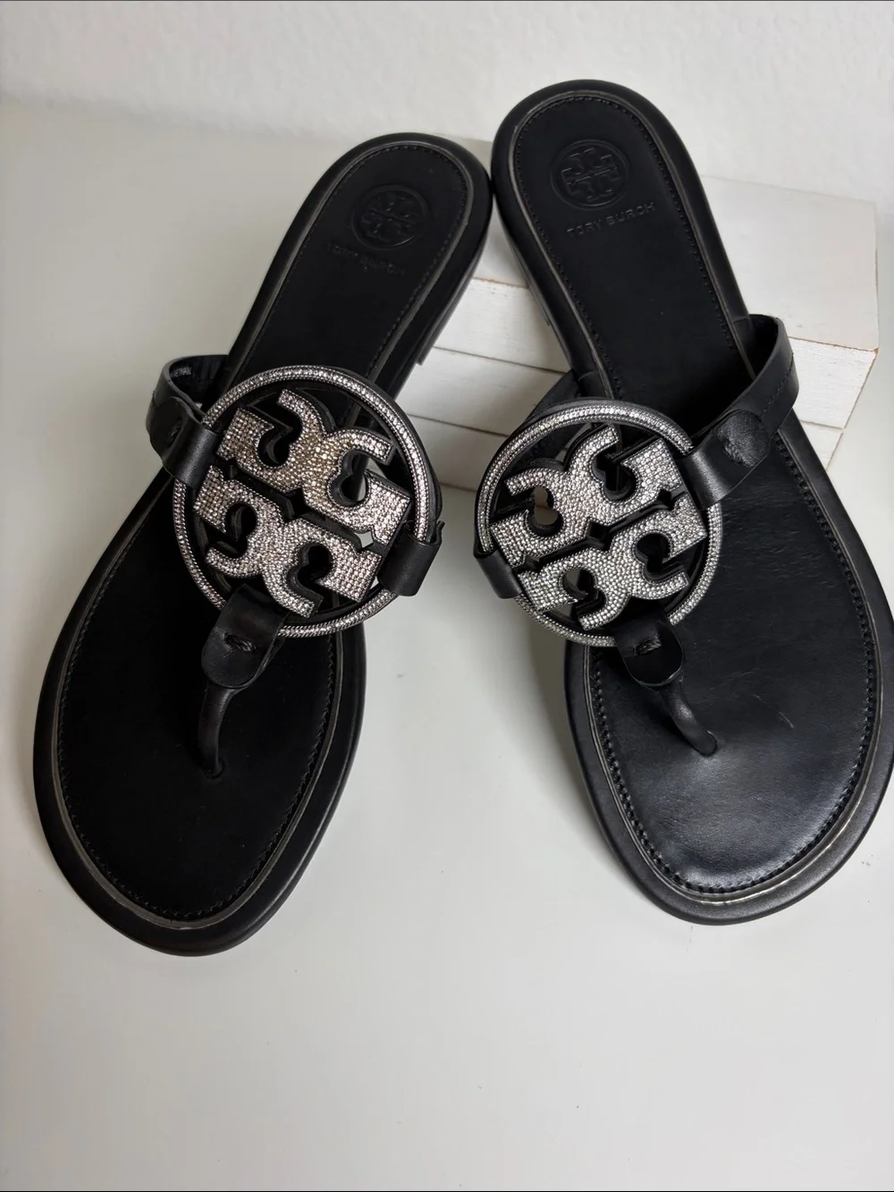 Tory Burch Miller Crystal Logo Flip Flop Black Size 9